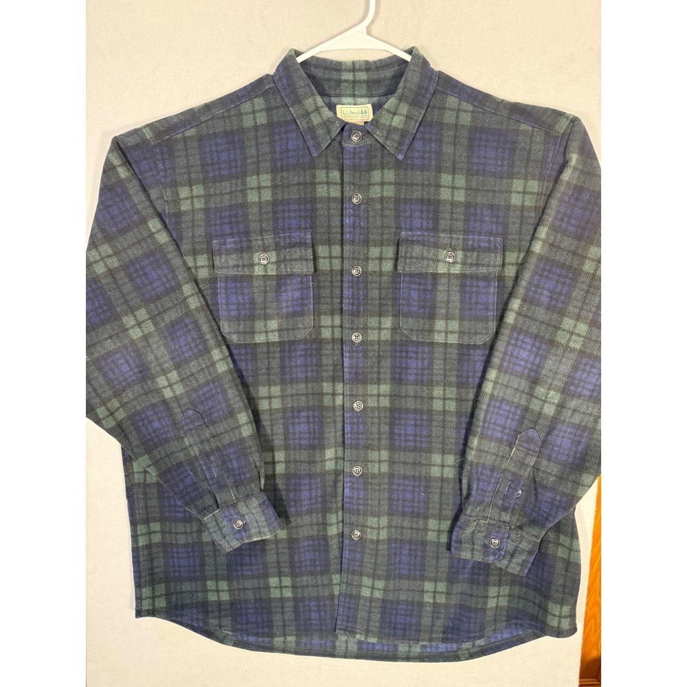 LL Bean Mens XL Regular Fleece Plaid Button Down Shirt Navy Green
